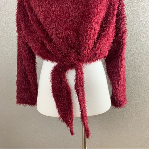 Fashion Nova red wine fuzzy cropped tie sweater - Picture 3 of 9